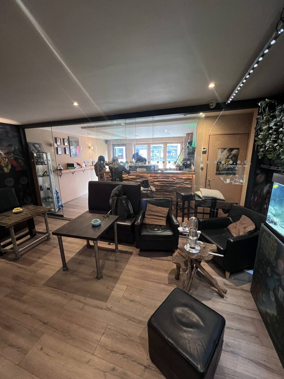 Interior lounge of Blue Sea with aquarium and counter